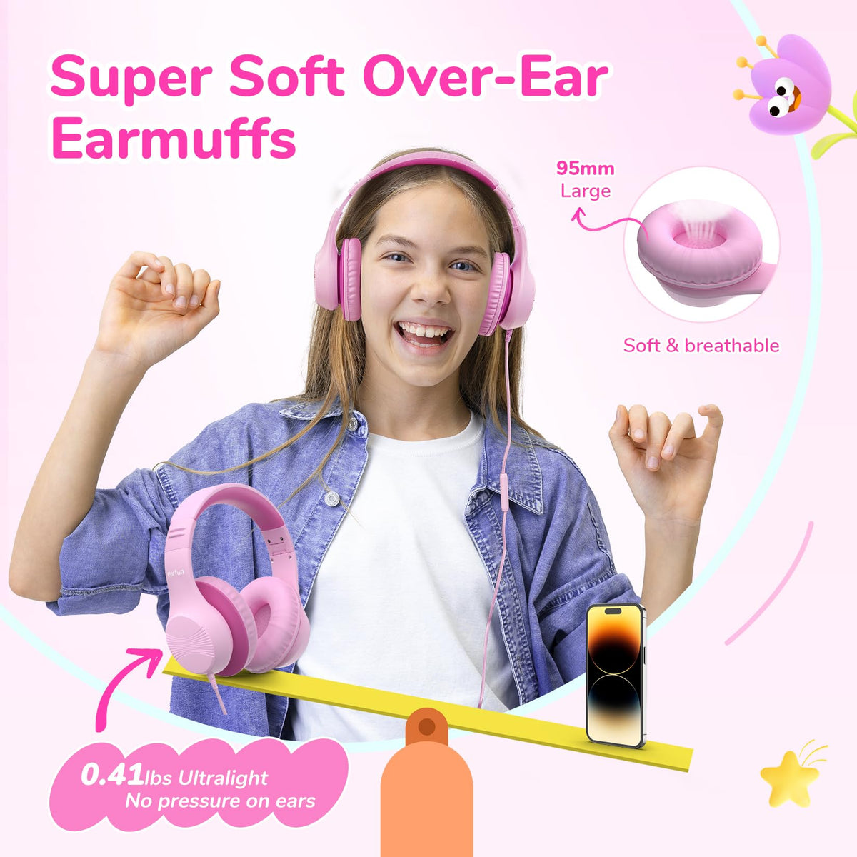 EarFun K3 pink headphones with soft ear cushions for comfort