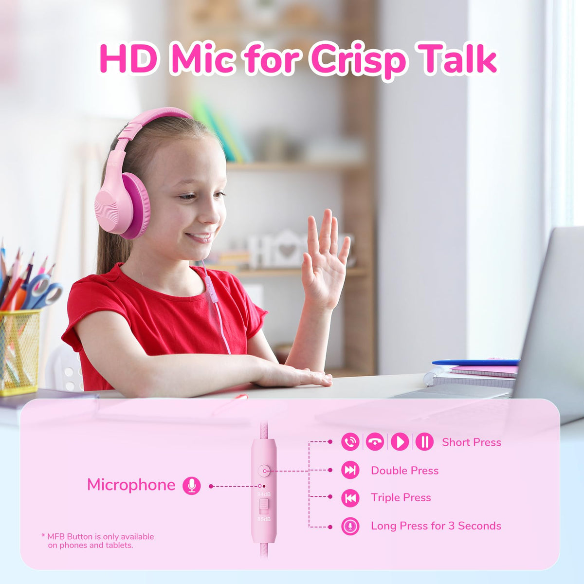 EarFun K3 pink headphones with mic for clear calls