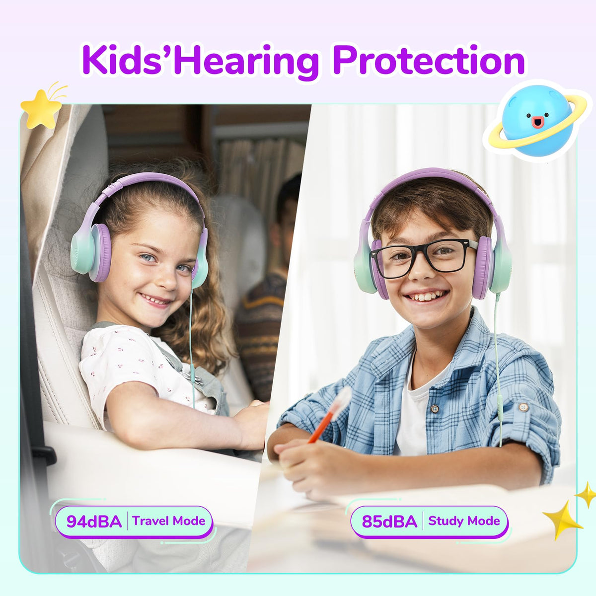 EarFun K3 kids headphones purple, kid-friendly look with comfortable, adjustable fit.
