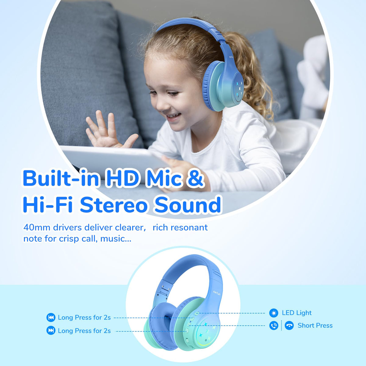 EarFun K4 Kids headphones green 40mm drivers for immersive sound.