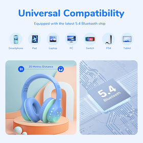EarFun K4 Kids headphones green on-tablet with device compatibility.