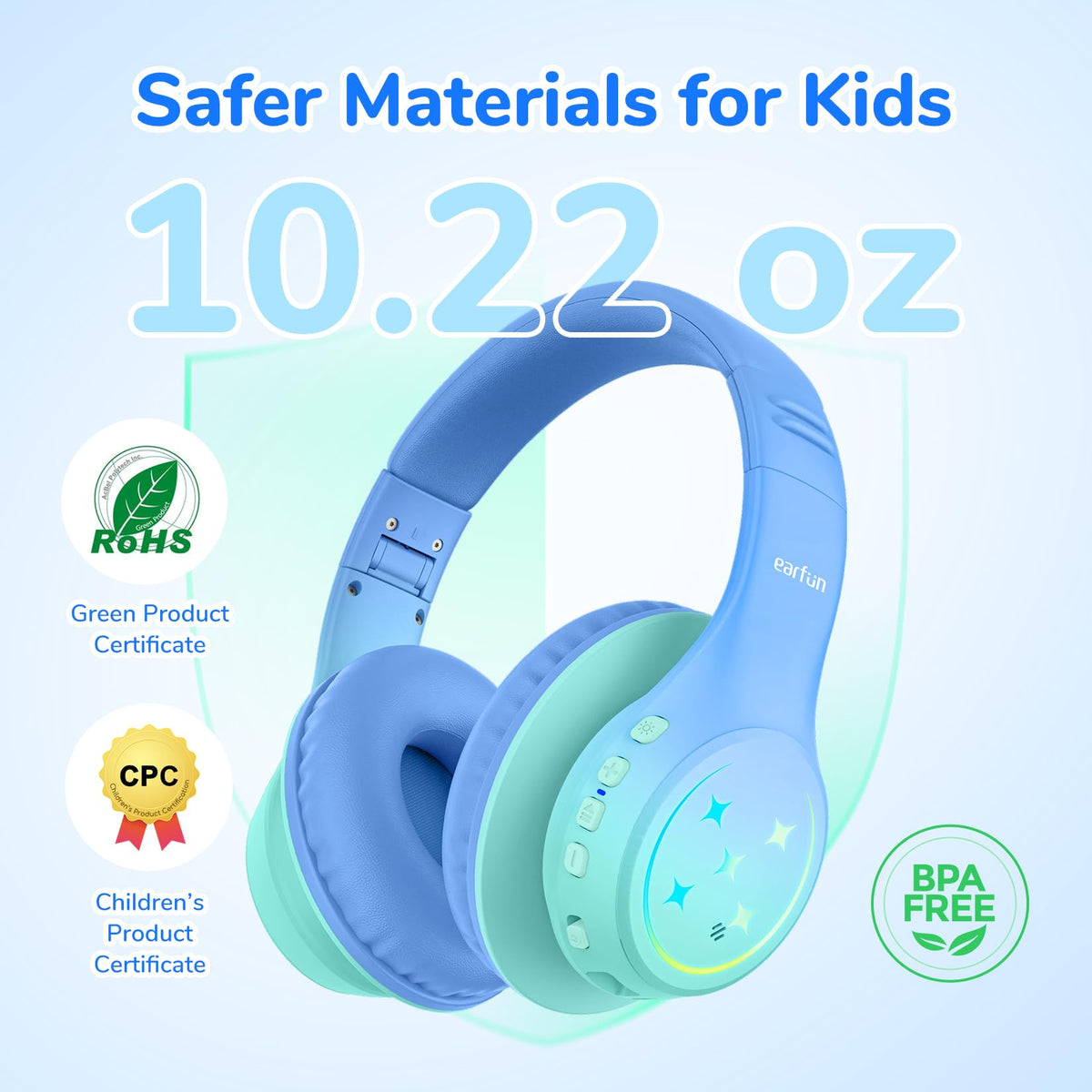 EarFun K4 Kids headphones green USB-C charging for quick power.