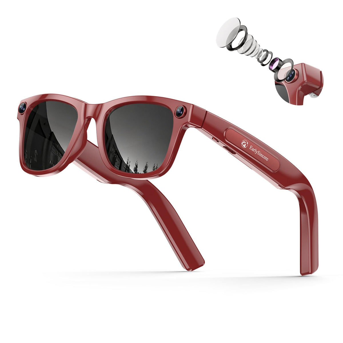 EarlySincere Porto Red AI Glasses 4K camera for hands-free recording.