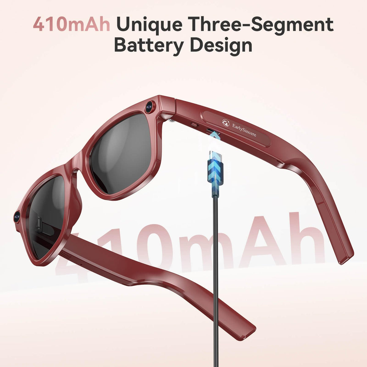 EarlySincere Porto Red AI Glasses wireless audio and calls.