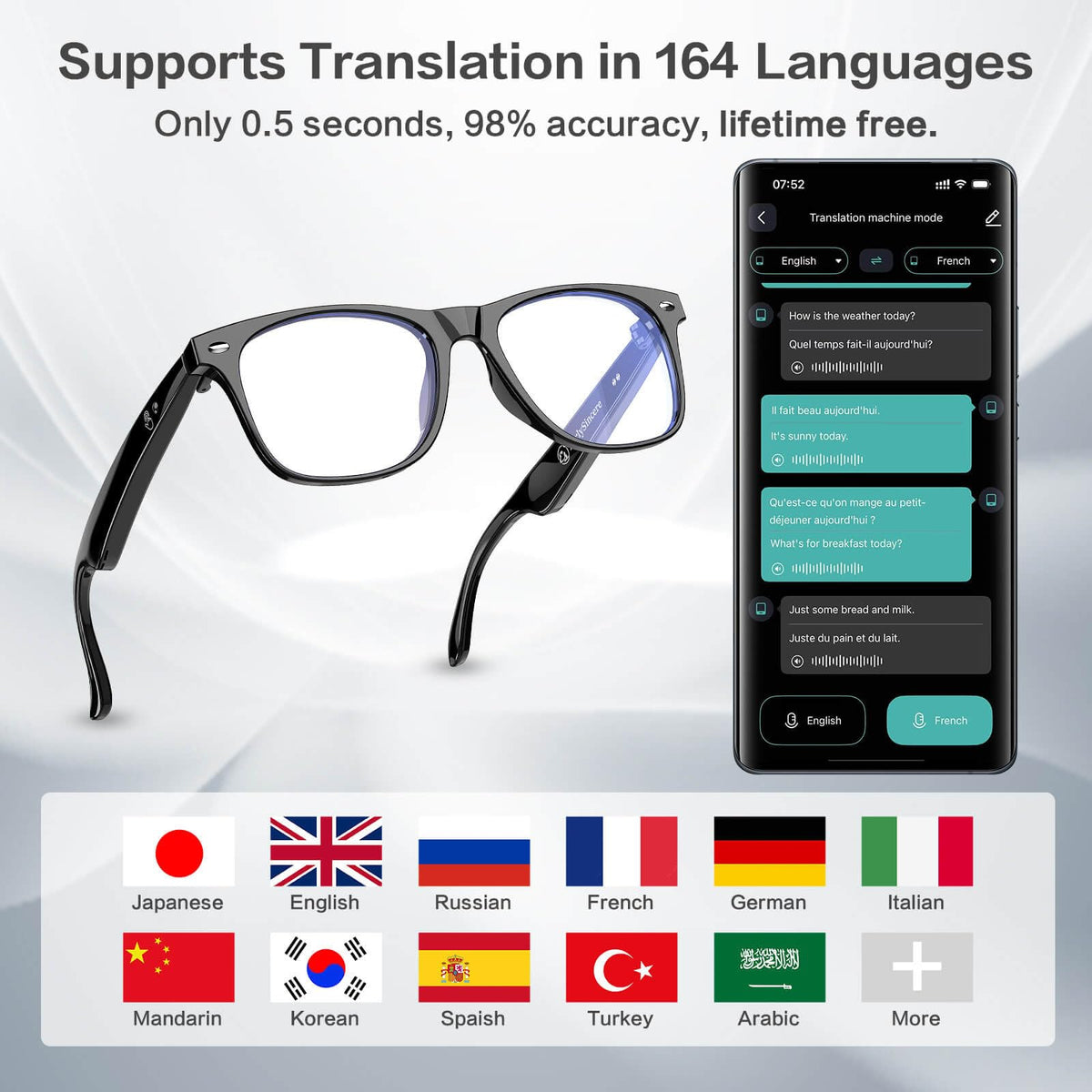EarlySincere AI Smart Glasses displaying 164 languages in real time
