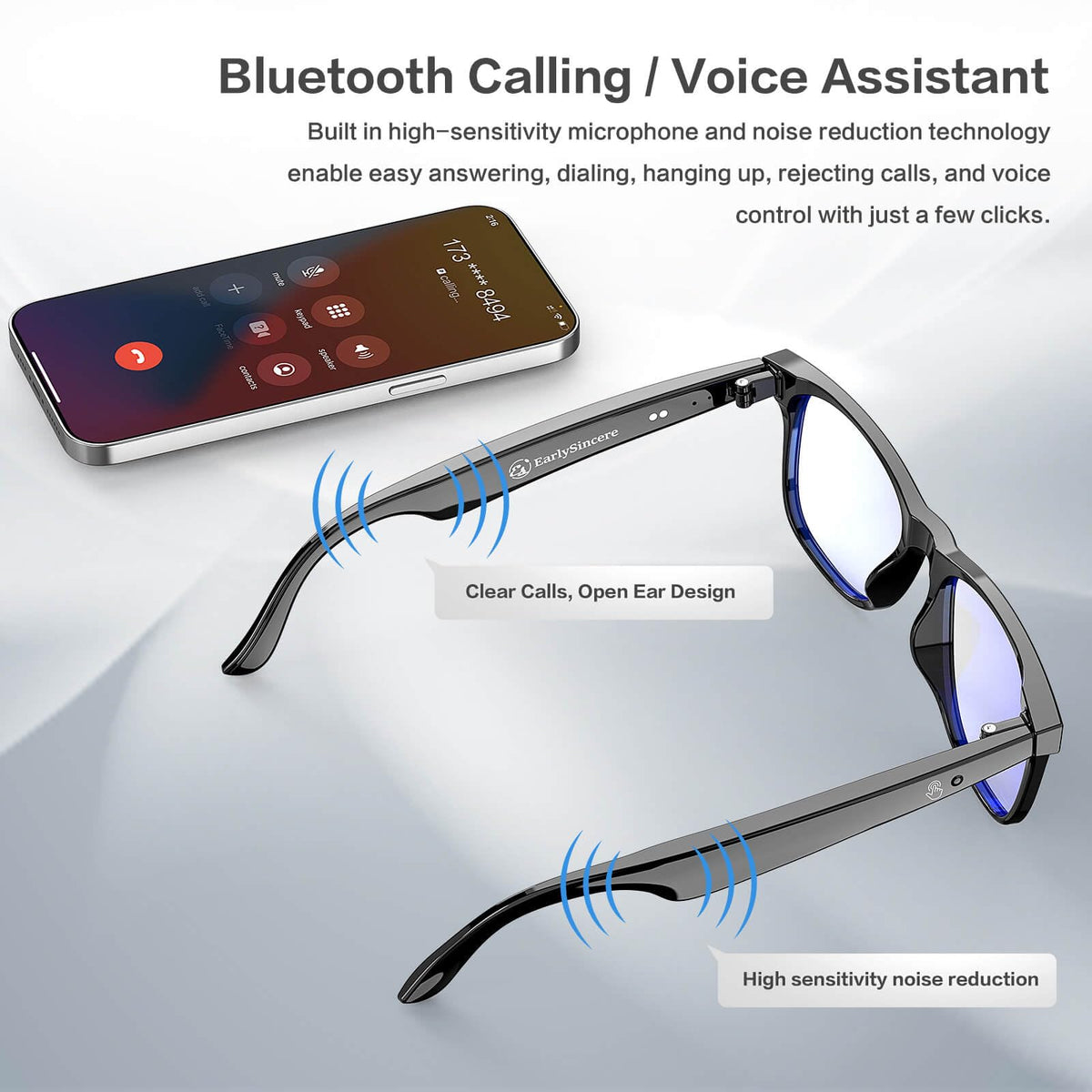EarlySincere AI Smart Glasses connected via Bluetooth for calls and voice assistant