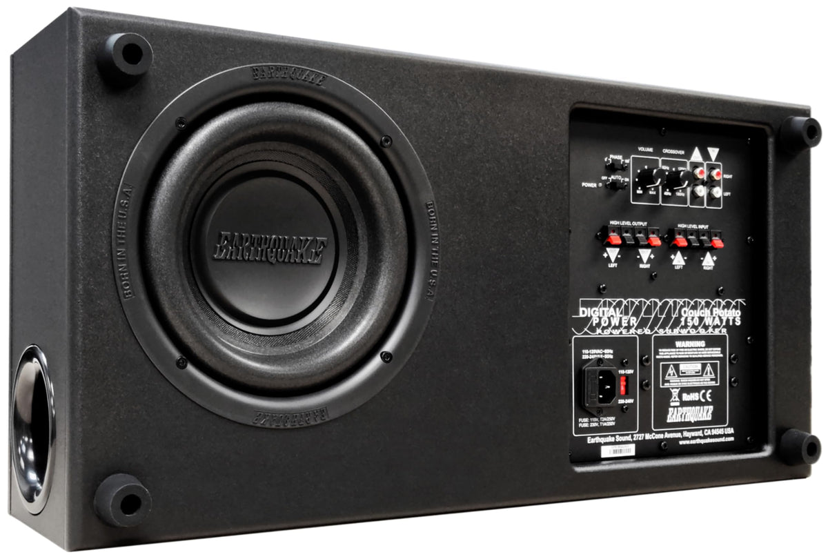 Earthquake CP-8 Couch Potato under sofa delivering compact near-seat bass.