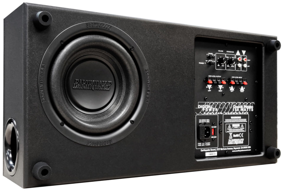 Earthquake CP-8 Couch Potato under sofa delivering compact near-seat bass.
