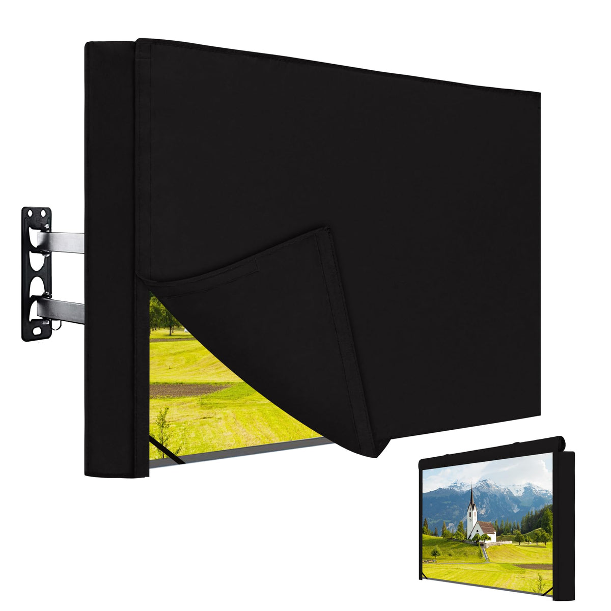 Easy-Going outdoor TV cover with roll-up front flap for seamless viewing