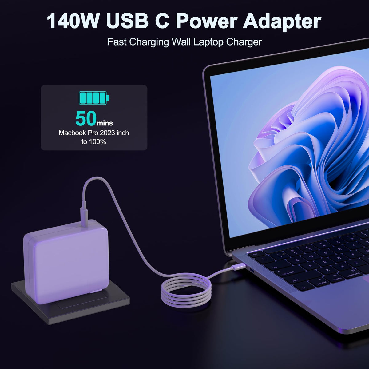 Easy Style 140W adapter with connected cable shows tidy, reliable power delivery.
