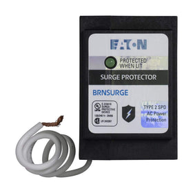 Eaton BRNSURGE close-up of terminals and label highlighting secure connections and clear specs