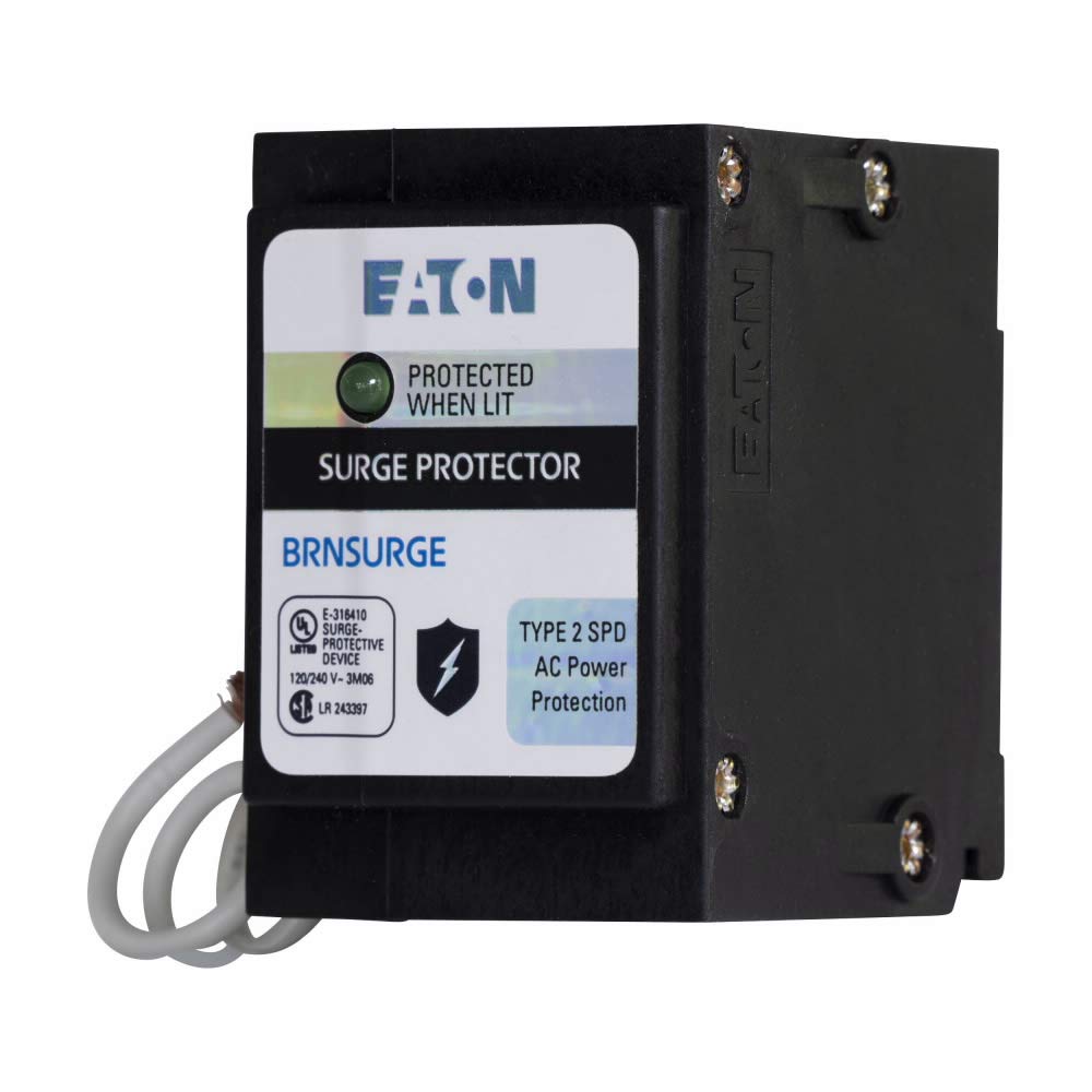 Eaton BRNSURGE size comparison with hand illustrating compact form factor for standard breaker spaces