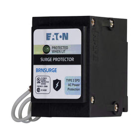 Eaton BRNSURGE size comparison with hand illustrating compact form factor for standard breaker spaces