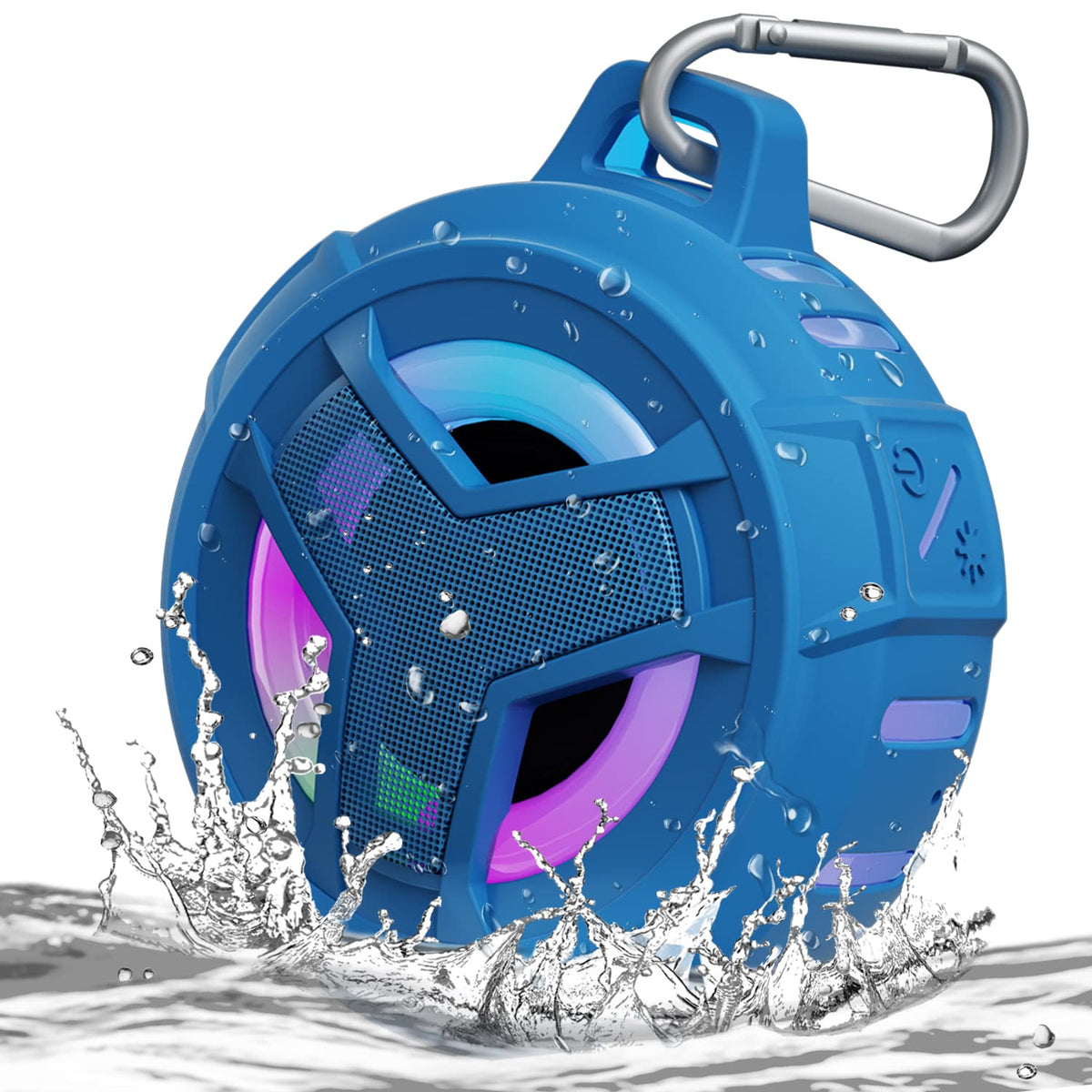 EBODA front view showing coral blue speaker and benefit of waterproof design