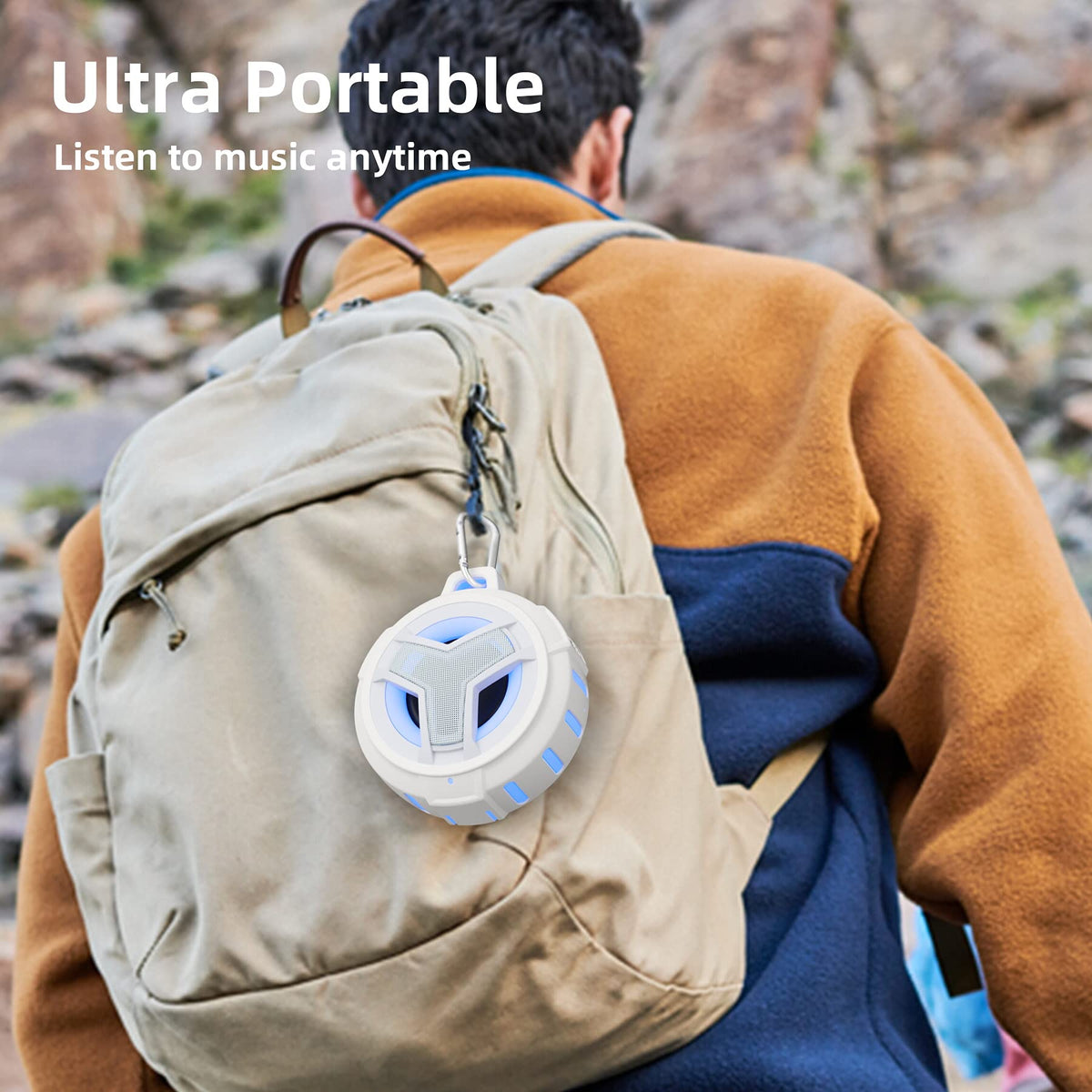 EBODA hanging on shower rail with carabiner, secure and waterproof convenience