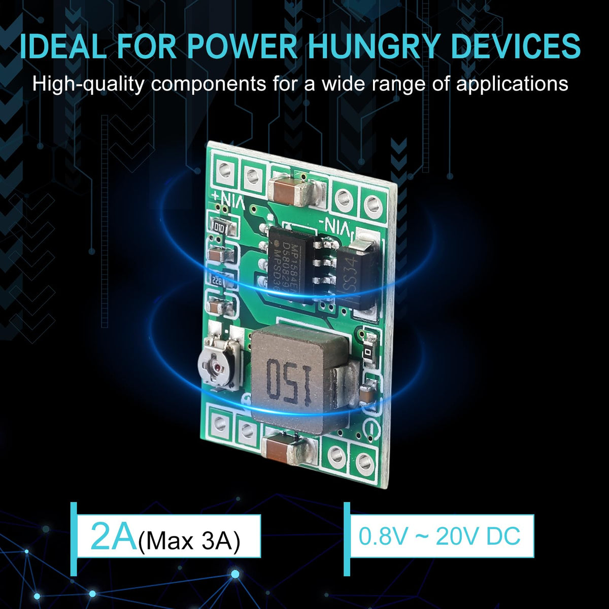 EBOOT MP1584EN showing output wiring for adjustable voltage setup.