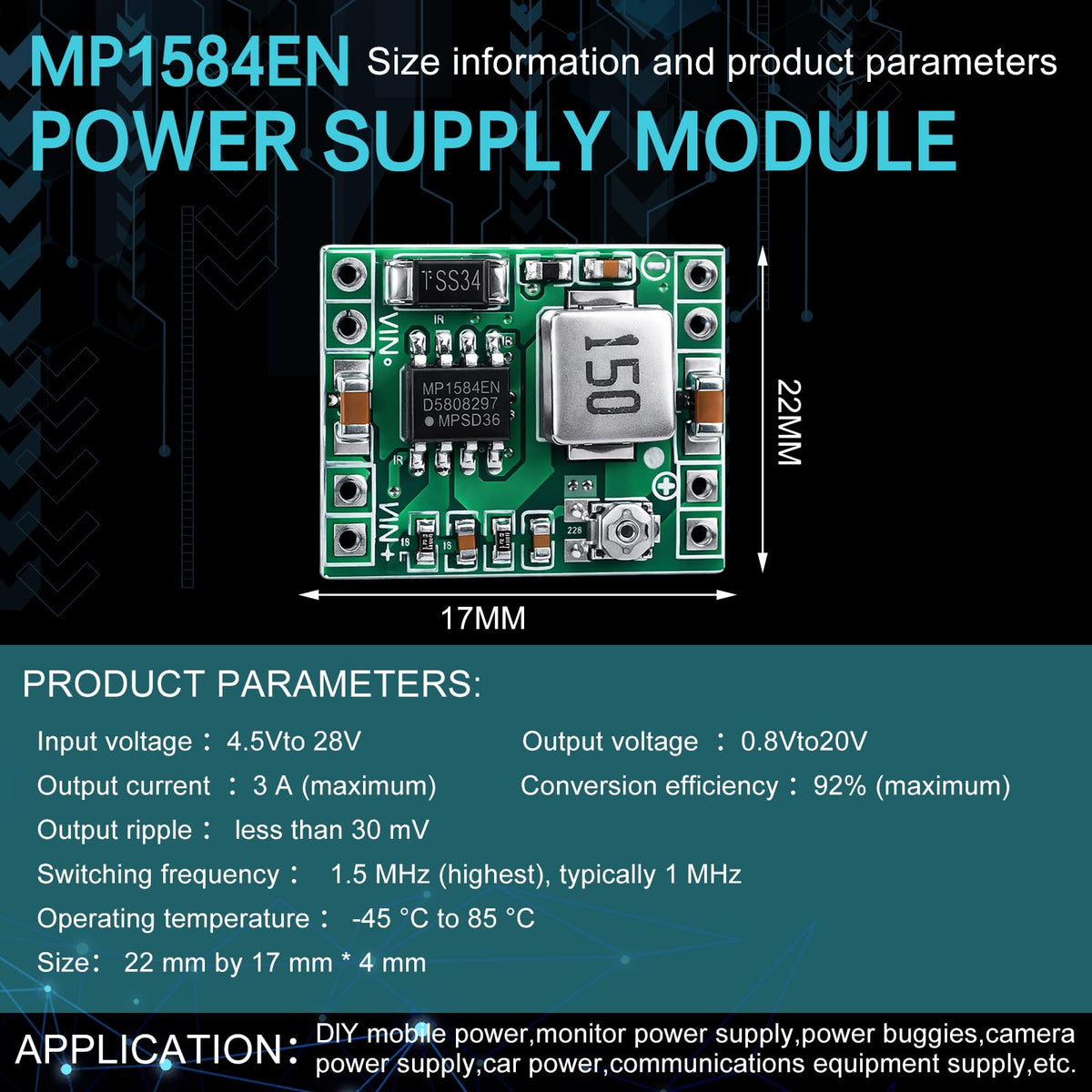 EBOOT MP1584EN module top view highlighting adjustable potentiometer for easy voltage tuning