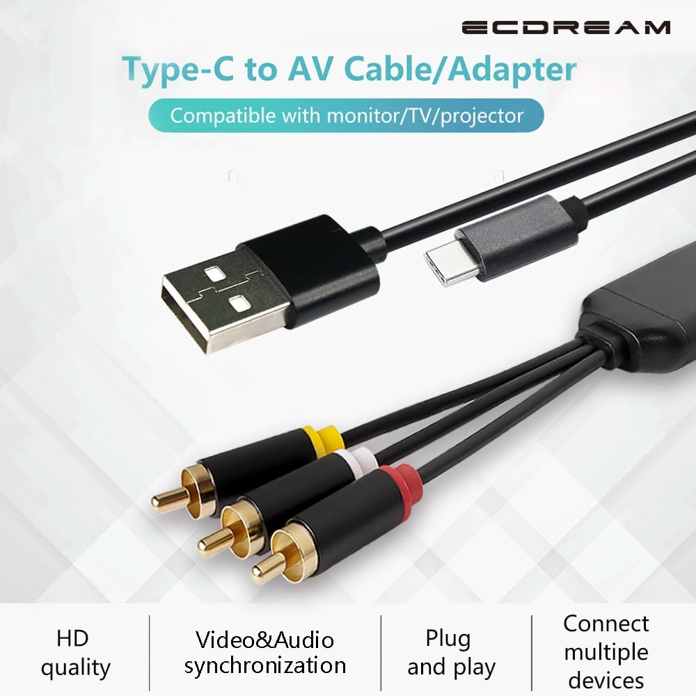 ECDREAM USB-C to RCA adapter powering a phone via USB-A while mirroring.