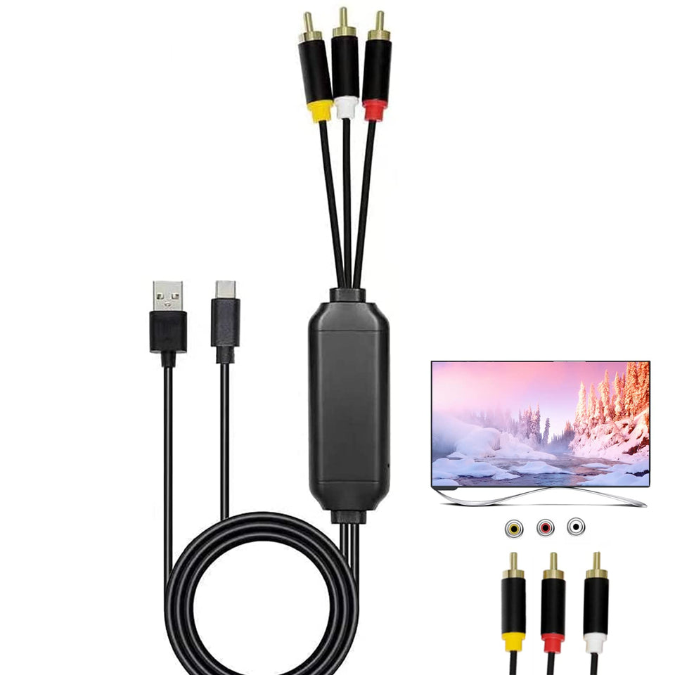 ECDREAM USB-C to RCA adapter connected to a TV for screen mirroring.