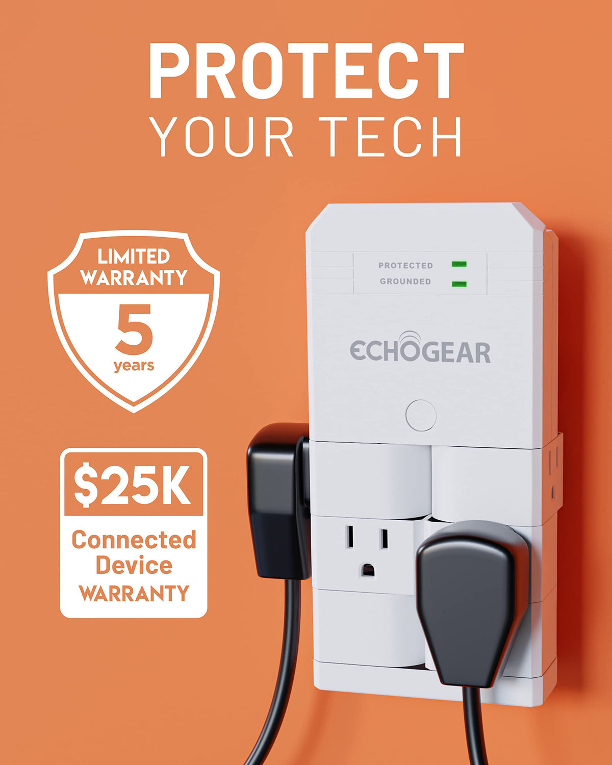 ECHOGEAR cable-space-saving surge protector ready for home or office use.