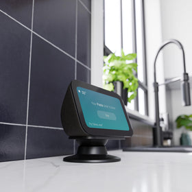 ECHOGEAR stand with Echo Show 5 on kitchen counter showing stable viewing for recipes and calls