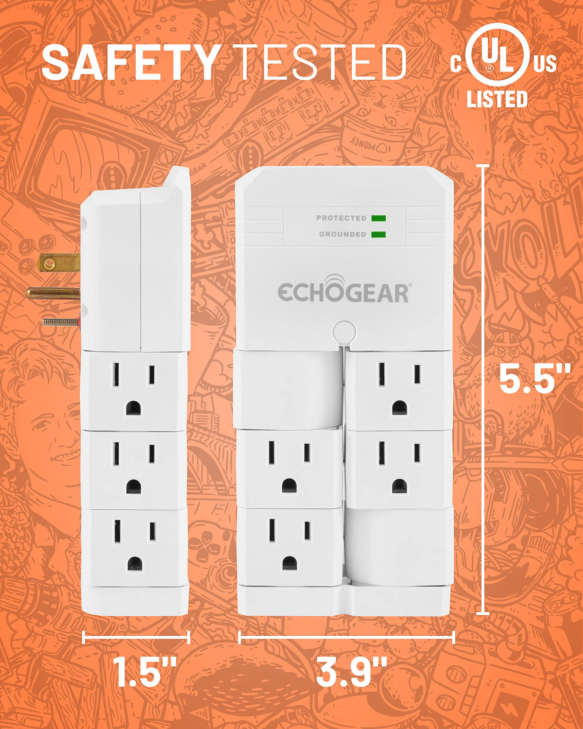 ECHOGEAR fireproof surge protector emphasizing safety-focused design.