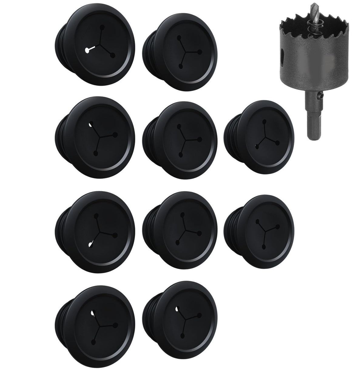 ECHOGEAR front view of 10-pack grommets and included saw shows tidy cable solution