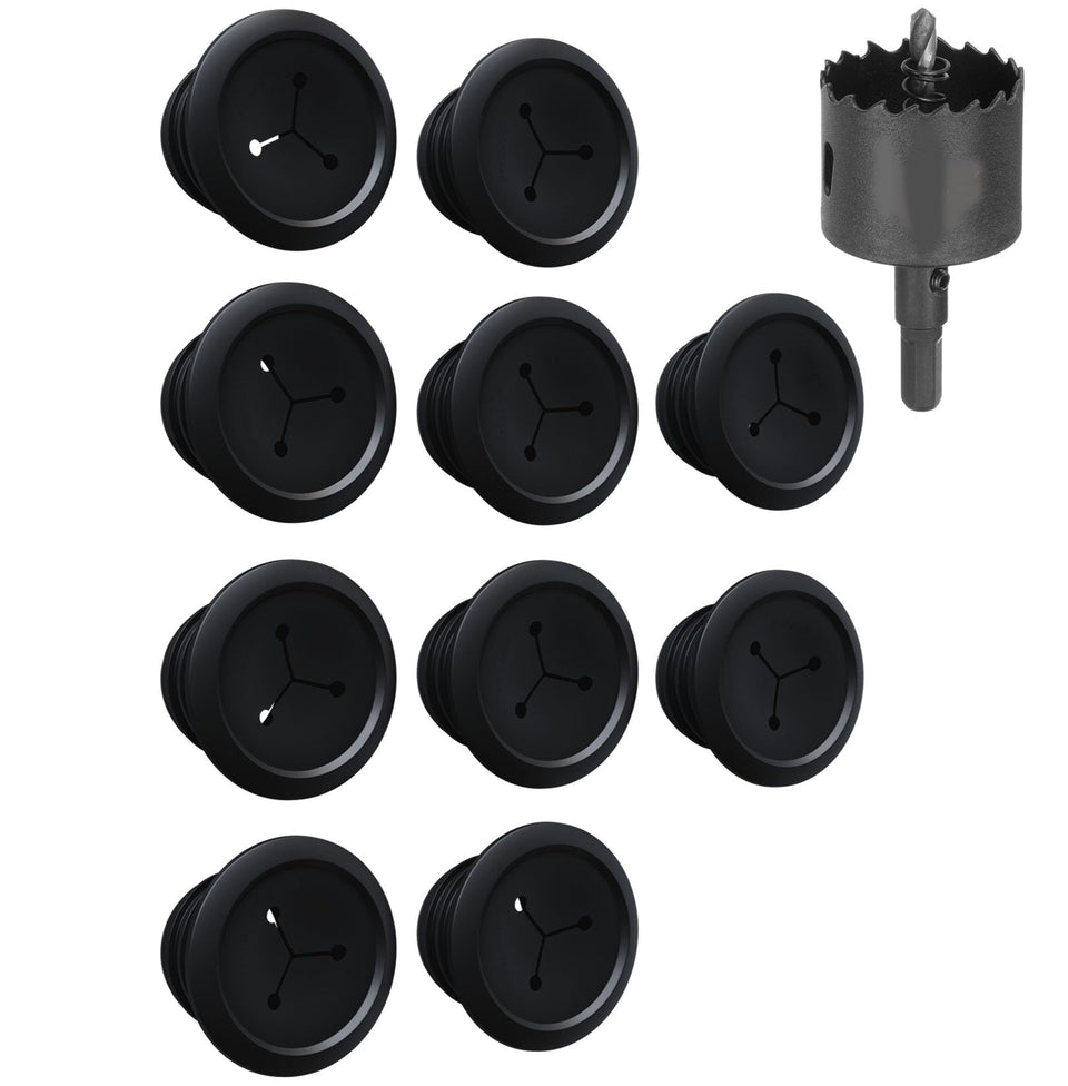 ECHOGEAR front view of 10-pack grommets and included saw shows tidy cable solution