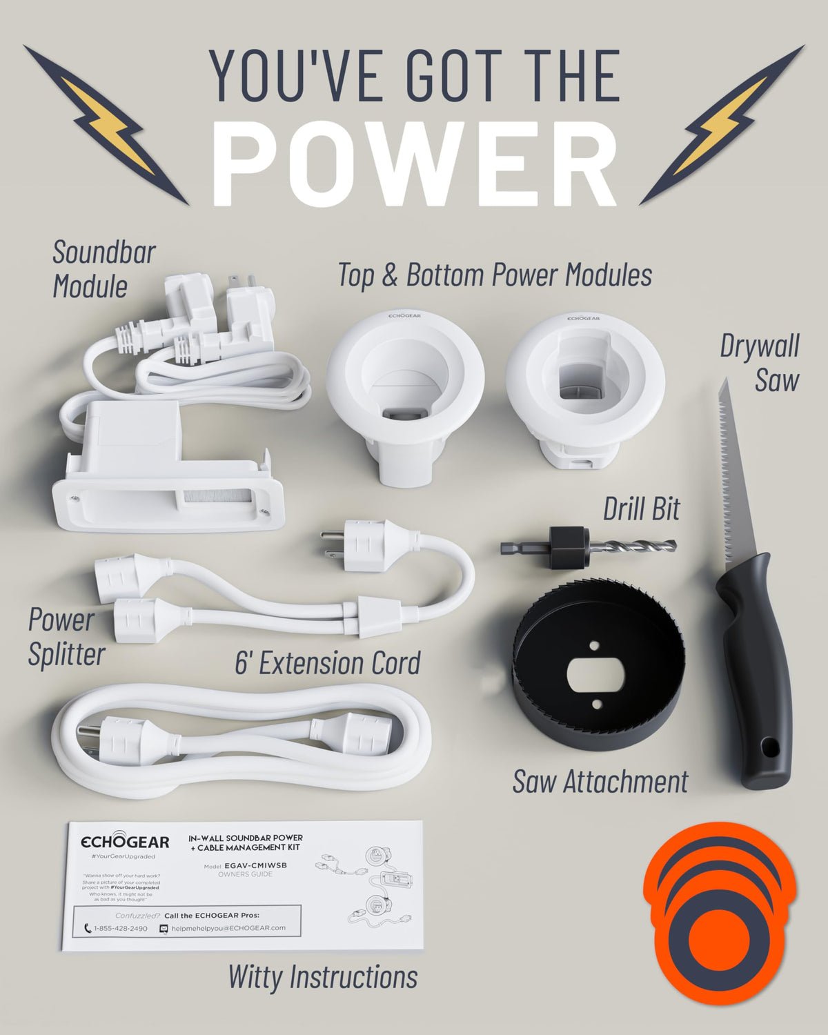 ECHOGEAR kit contents show everything needed for quick installation.