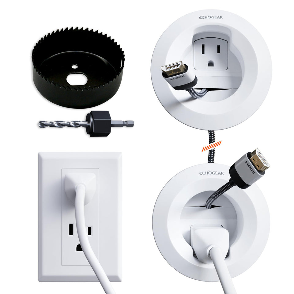 ECHOGEAR upper module behind wall for tidy TV cables.