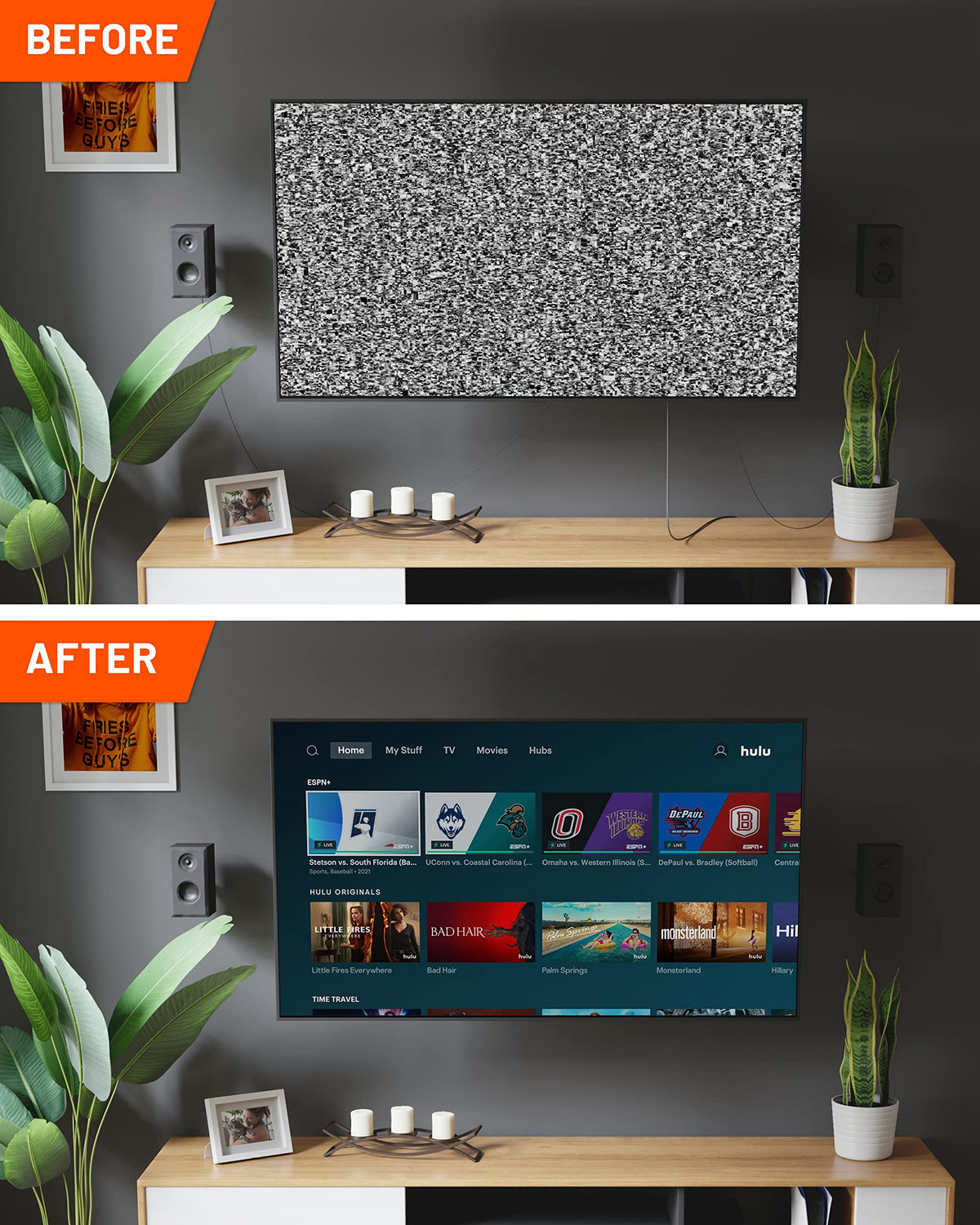 ECHOGEAR lifestyle scene with concealed cables behind entertainment console for neater room