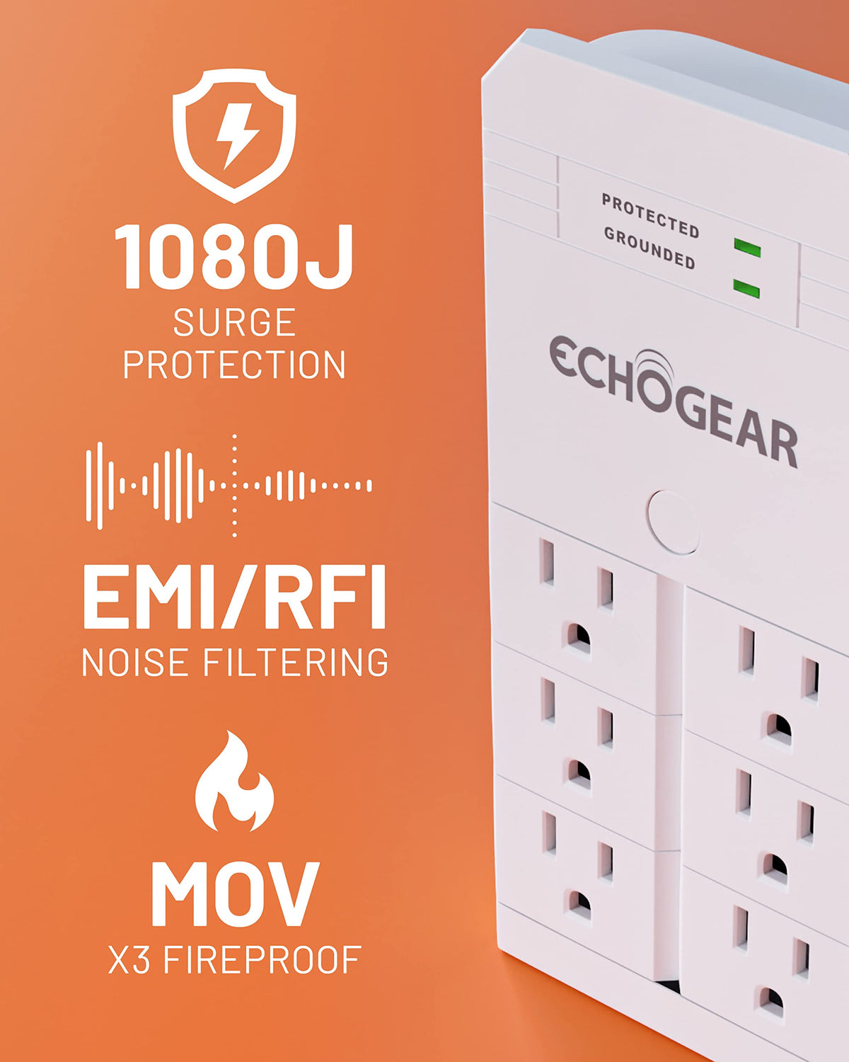 ECHOGEAR low-profile surge protector with 1080J rating for essential electronics.
