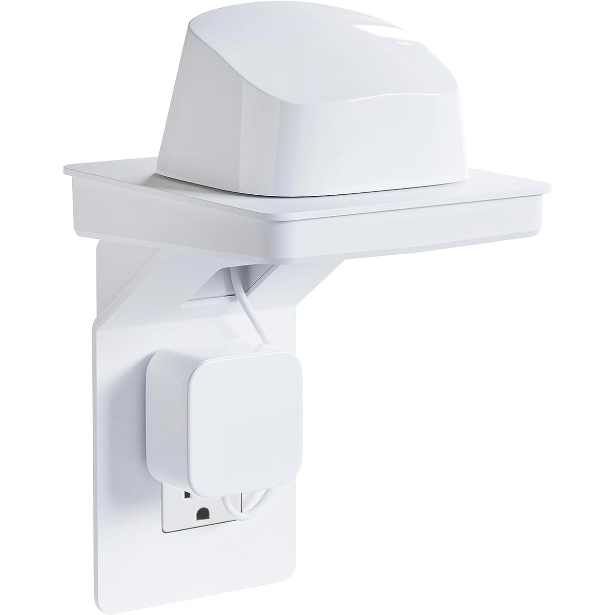 ECHOGEAR outlet shelf on Decora outlet, back view highlighting integrated storage.