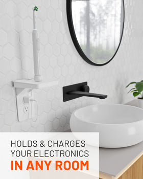 ECHOGEAR shelf with smart speaker on counter demonstrating extra space.
