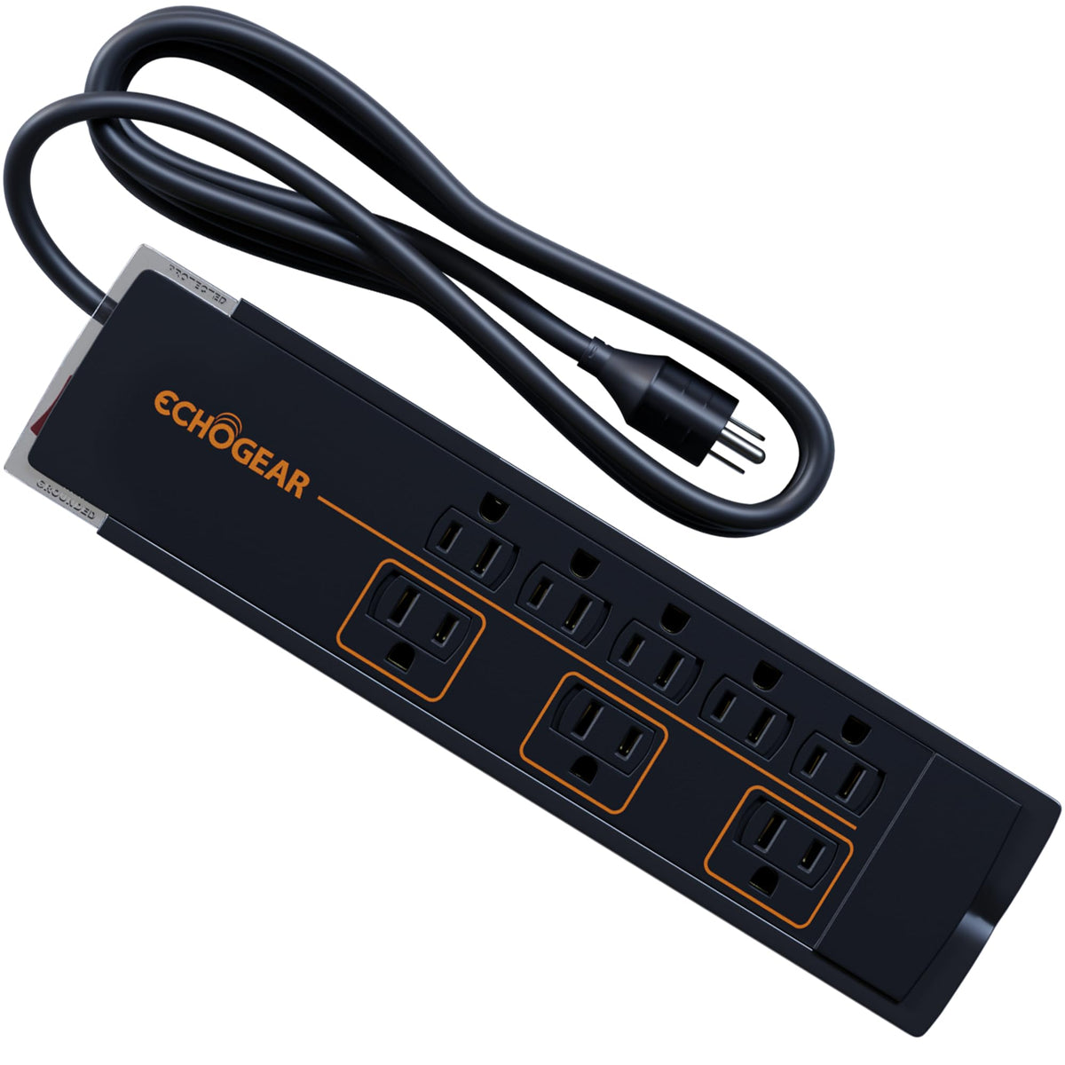 ECHOGEAR front view of power strip showing all eight outlets and slim profile for neat setups