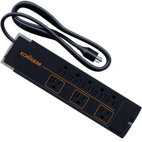 ECHOGEAR front view of power strip showing all eight outlets and slim profile for neat setups