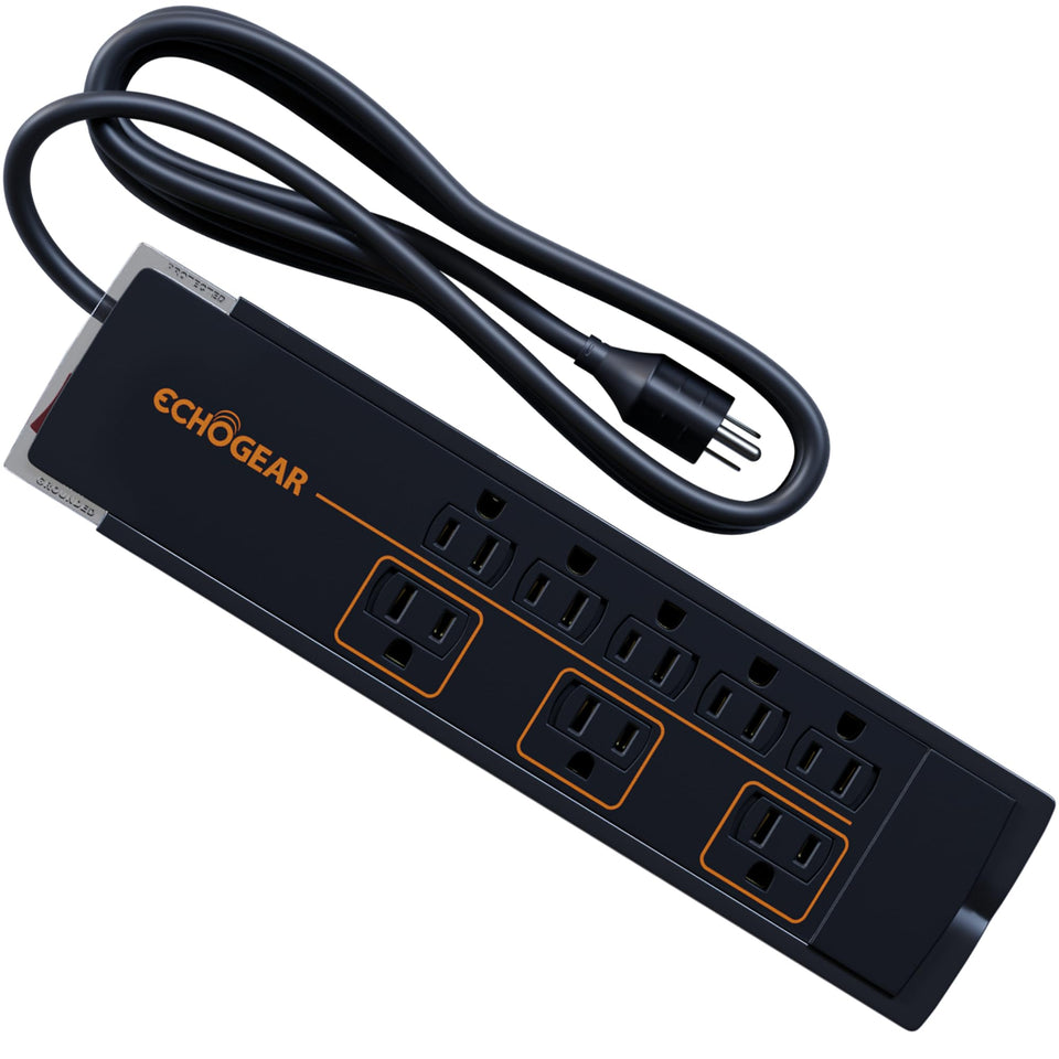 ECHOGEAR front view of power strip showing all eight outlets and slim profile for neat setups