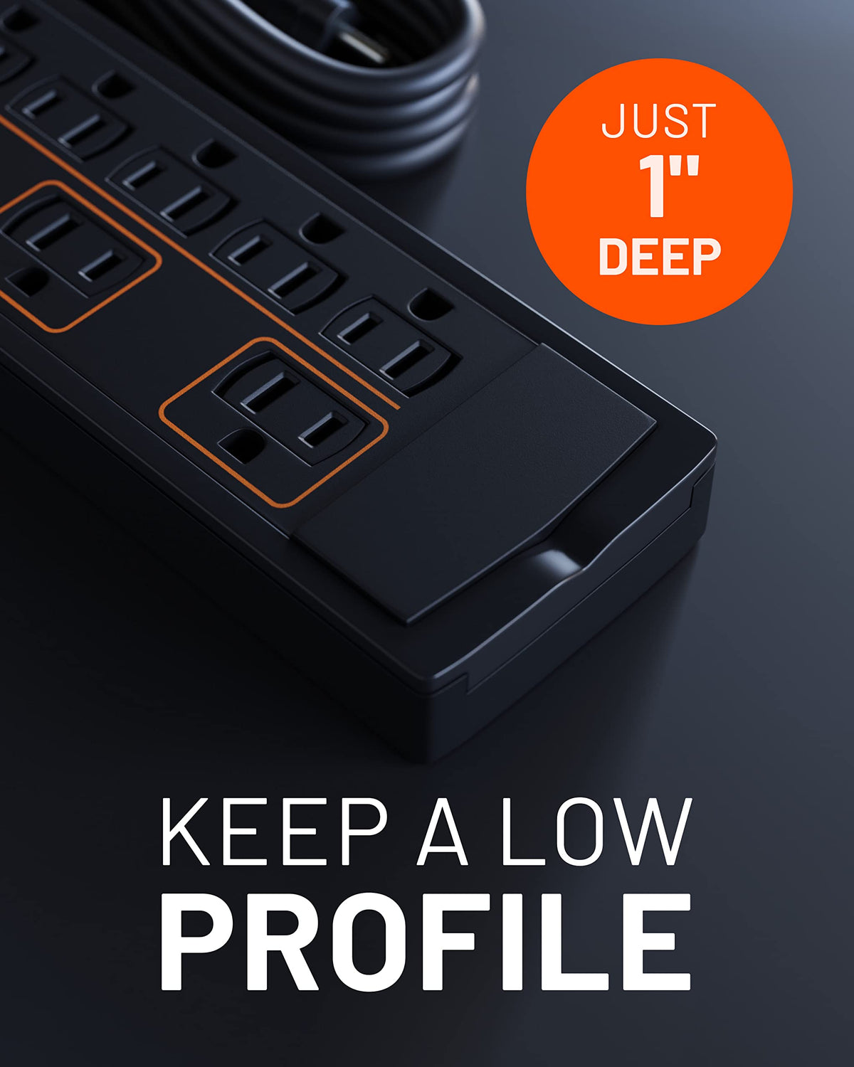 ECHOGEAR outlet spacing detail showing extra room for large plugs to prevent blockage