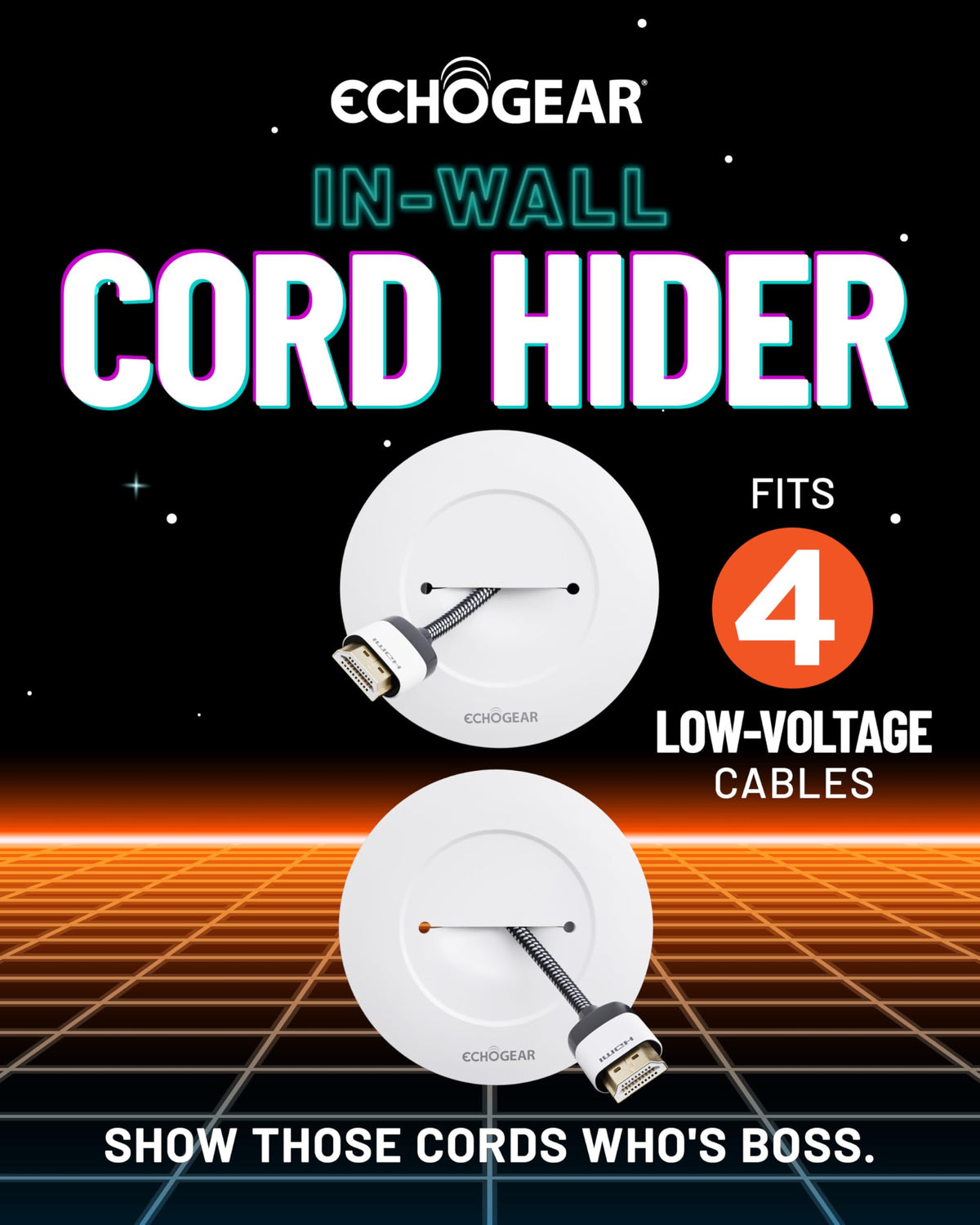 ECHOGEAR pass-throughs shown for secure in-wall cable routing