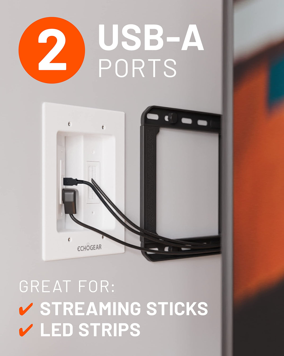 ECHOGEAR USB-A ports to charge devices behind the wall