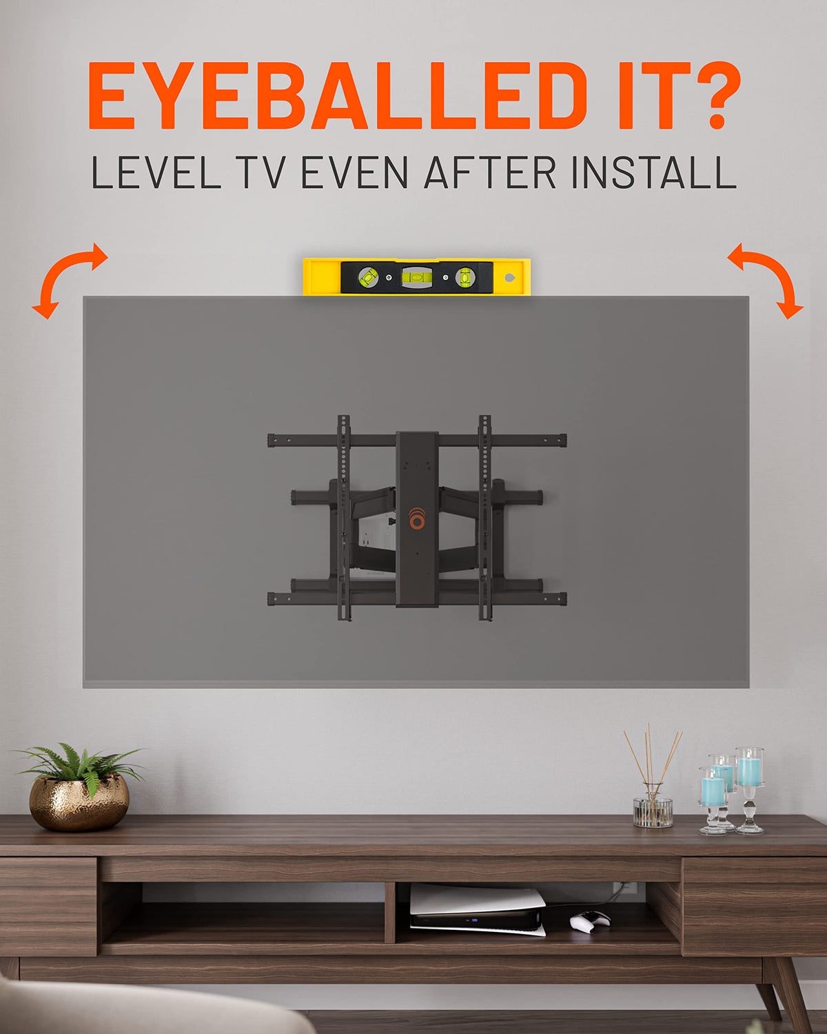ECHOGEAR tilted and swiveled TV demonstrating glare reduction and flexible viewing benefit