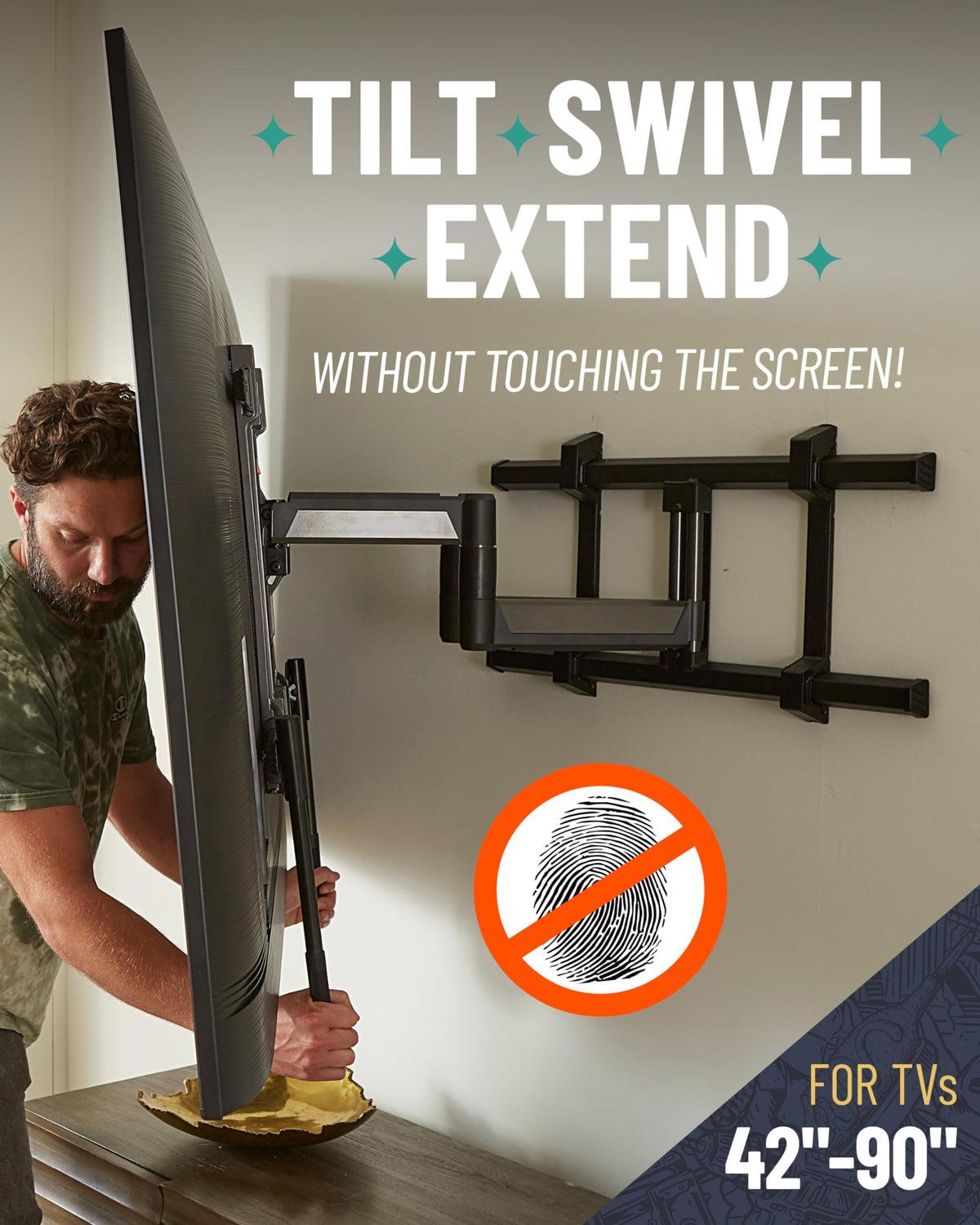 ECHOGEAR XL TV mount swivel and tilt action with minimal footprint.
