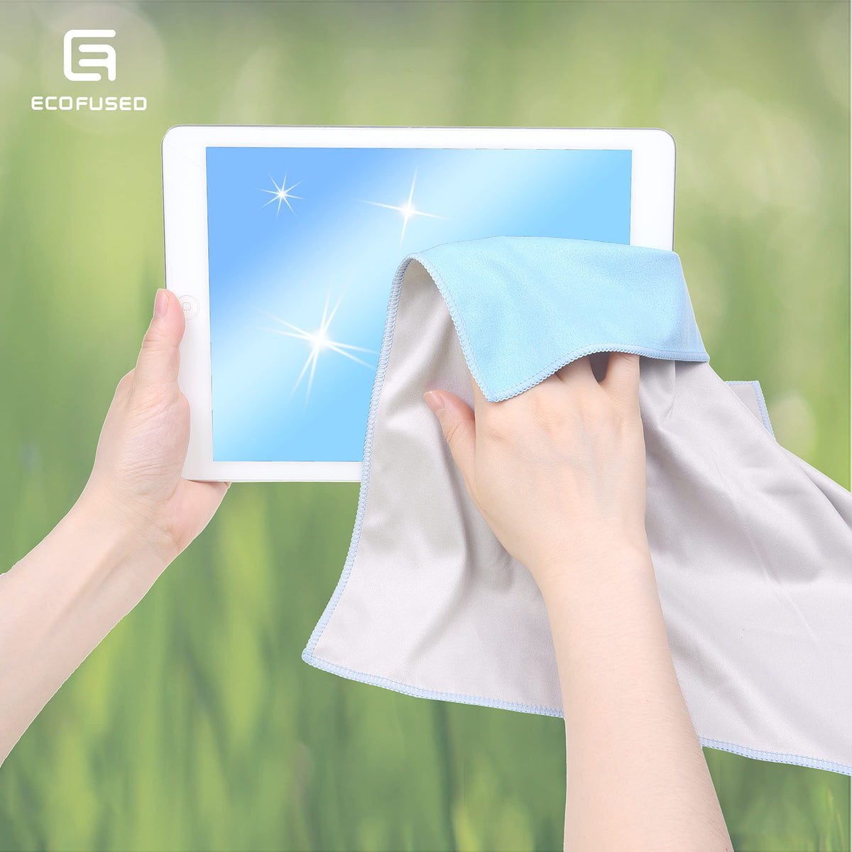 Eco-Fused cloth cleaning glasses and tablets for a clear view.