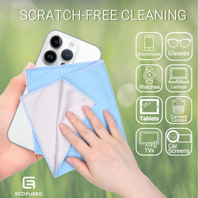 Eco-Fused suede-side cloth gently polishes a smartphone screen without scratching.