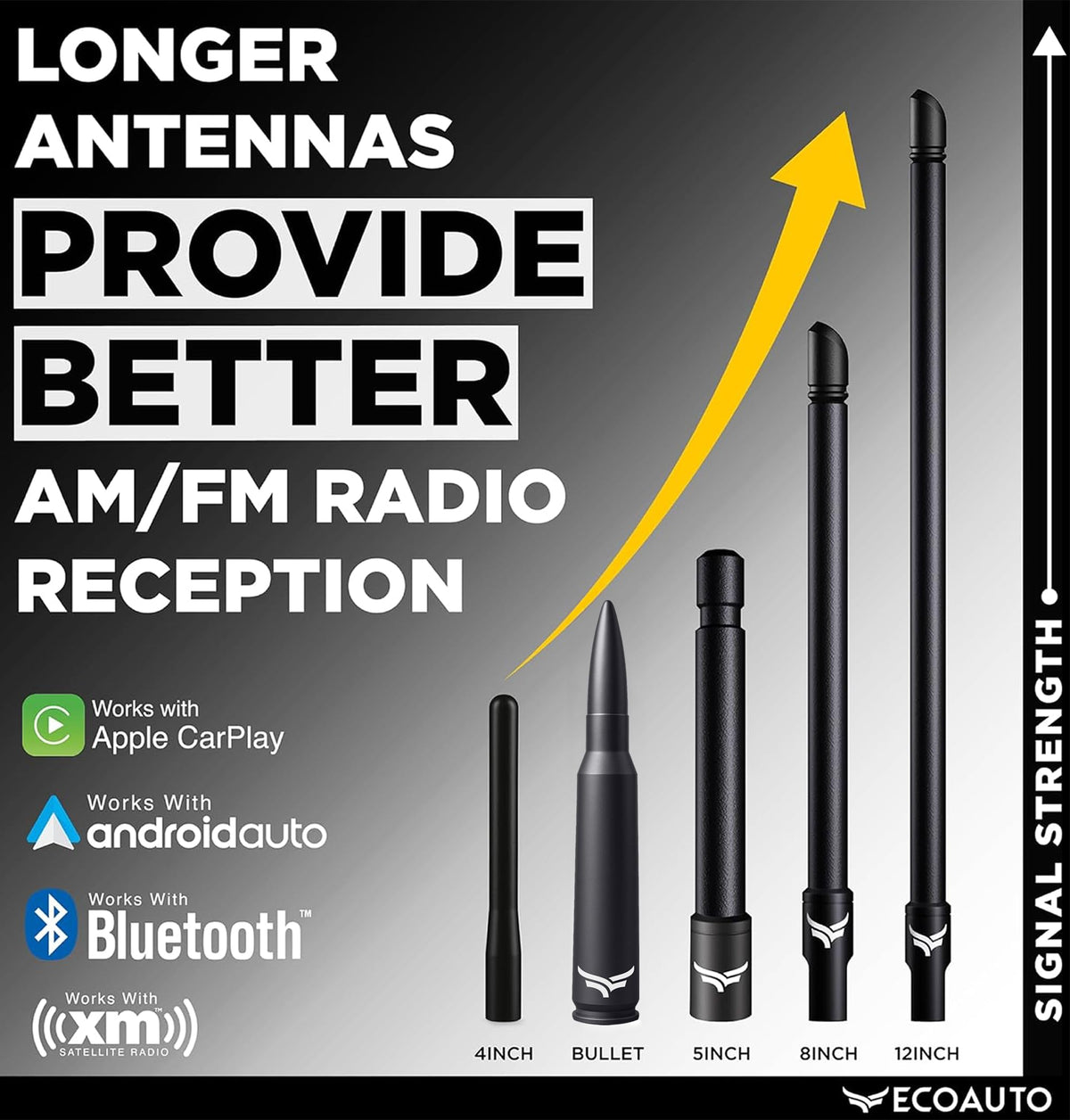 EcoAuto 8-inch antenna maintains XM, GPS, and Bluetooth compatibility.