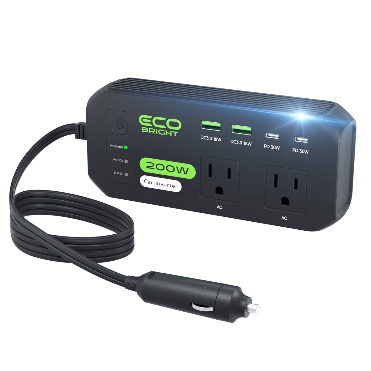 EcoBright 200W car inverter with dual AC outlets for laptops on the go.