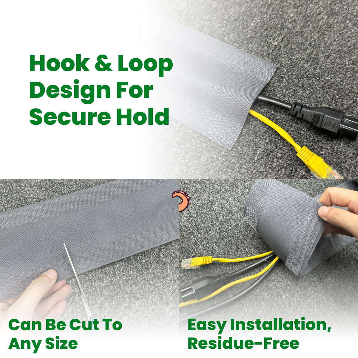 Closeup of hook-and-loop fastener on ECOHomes cord cover for carpet use.