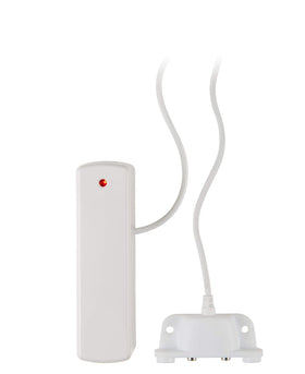Ecolink sensor front view showing compact white housing and indicator, protects against leaks