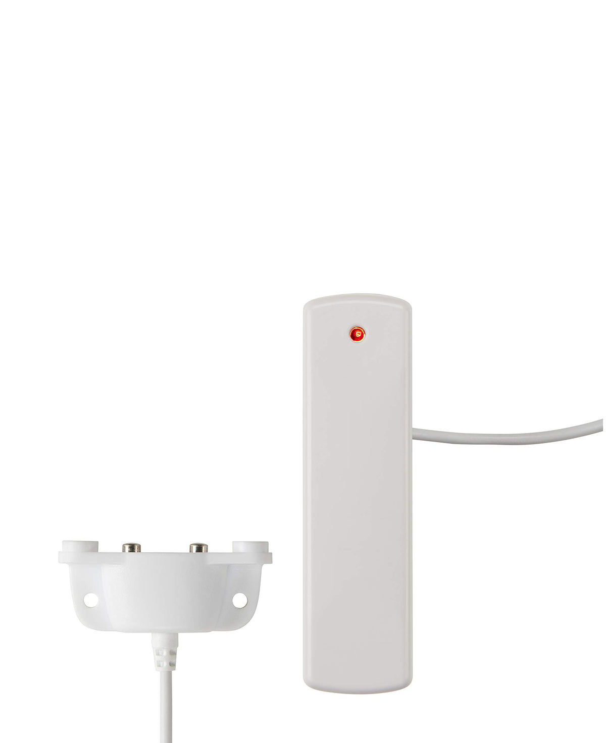 Ecolink sensor next to CR123A battery for scale and easy long-life replacement benefit