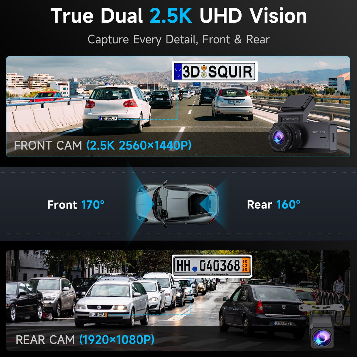 ecomoment dual cameras mounted on windshield and rear window for full view